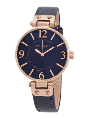 Anne Klein Rose Gold-Tone and Navy Blue Leather Strap Ladies Watch (10/9168RGNV)