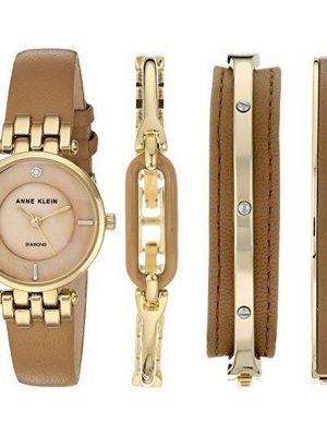 Anne Klein Diamond-Accented Gold-Tone and Dark Tan Leather Strap Ladies Watch and Bracelet Set (AK/2684DTST)