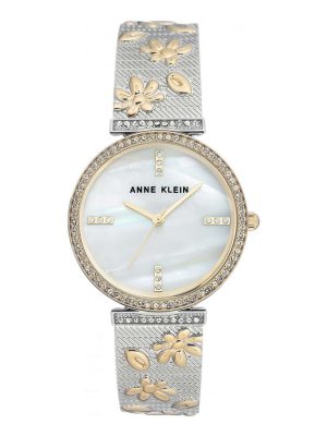 Anne Klein Swarovski Crystal Accented Two-Tone Textured Bangle Ladies Watch (AK/3147MPTT)